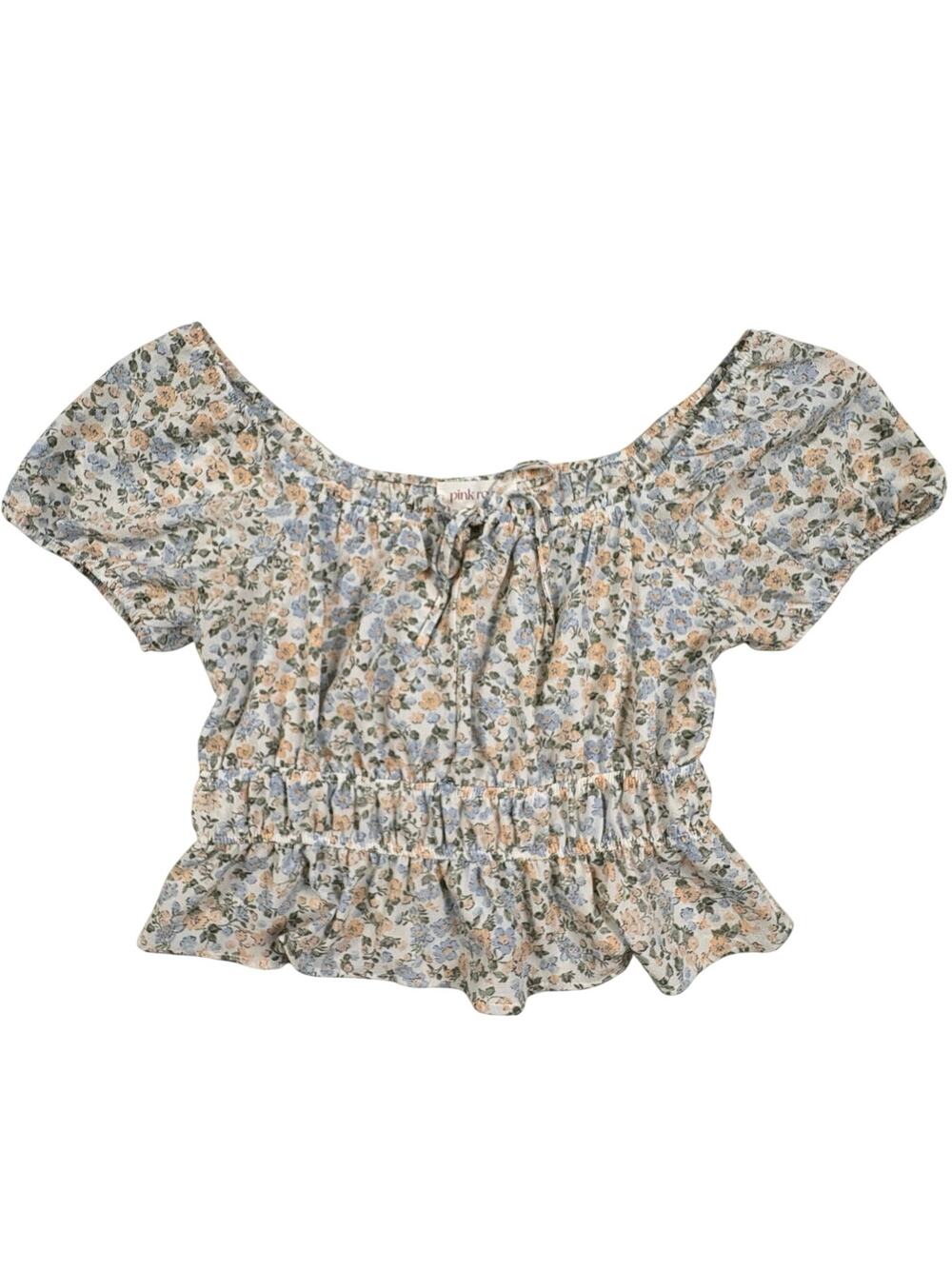 Pink Rose Cropped Peasant Top Women's M Peach Floral Bohemian Cottage Feminine